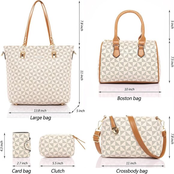 Fashionable 5pcs Handbag Set: Faux Leather Tote, Satchel & Clutch in Beige - Picture 2 of 6